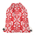 Red And White Damask Pattern Print Drawstring Bag