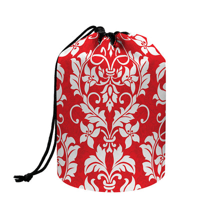 Red And White Damask Pattern Print Drawstring Makeup Bag
