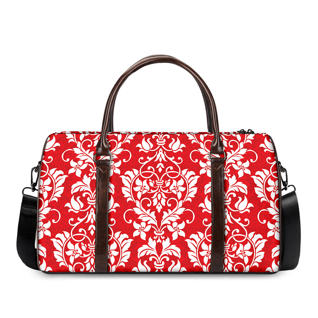 Red And White Damask Pattern Print Duffle Bag