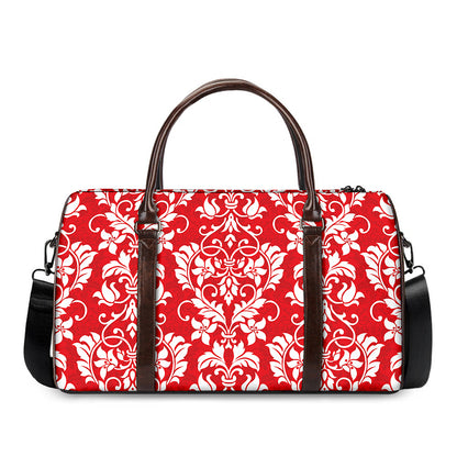 Red And White Damask Pattern Print Duffle Bag