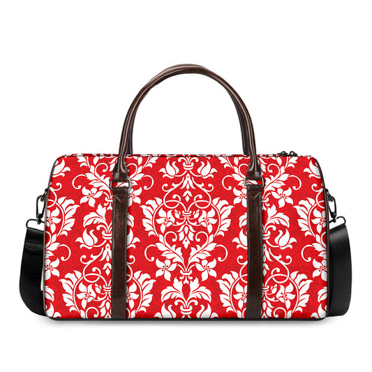 Red And White Damask Pattern Print Duffle Bag