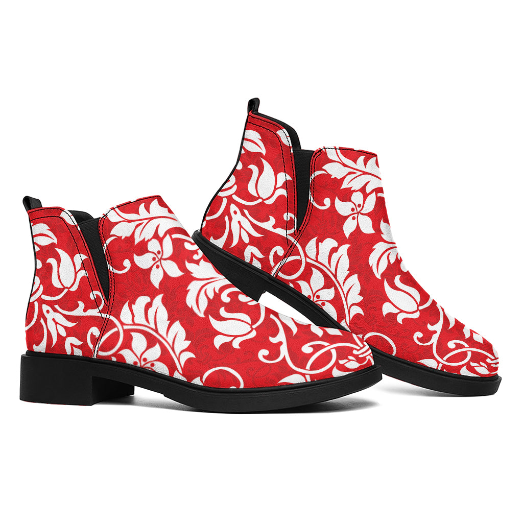 Red And White Damask Pattern Print Flat Ankle Boots