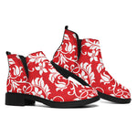 Red And White Damask Pattern Print Flat Ankle Boots