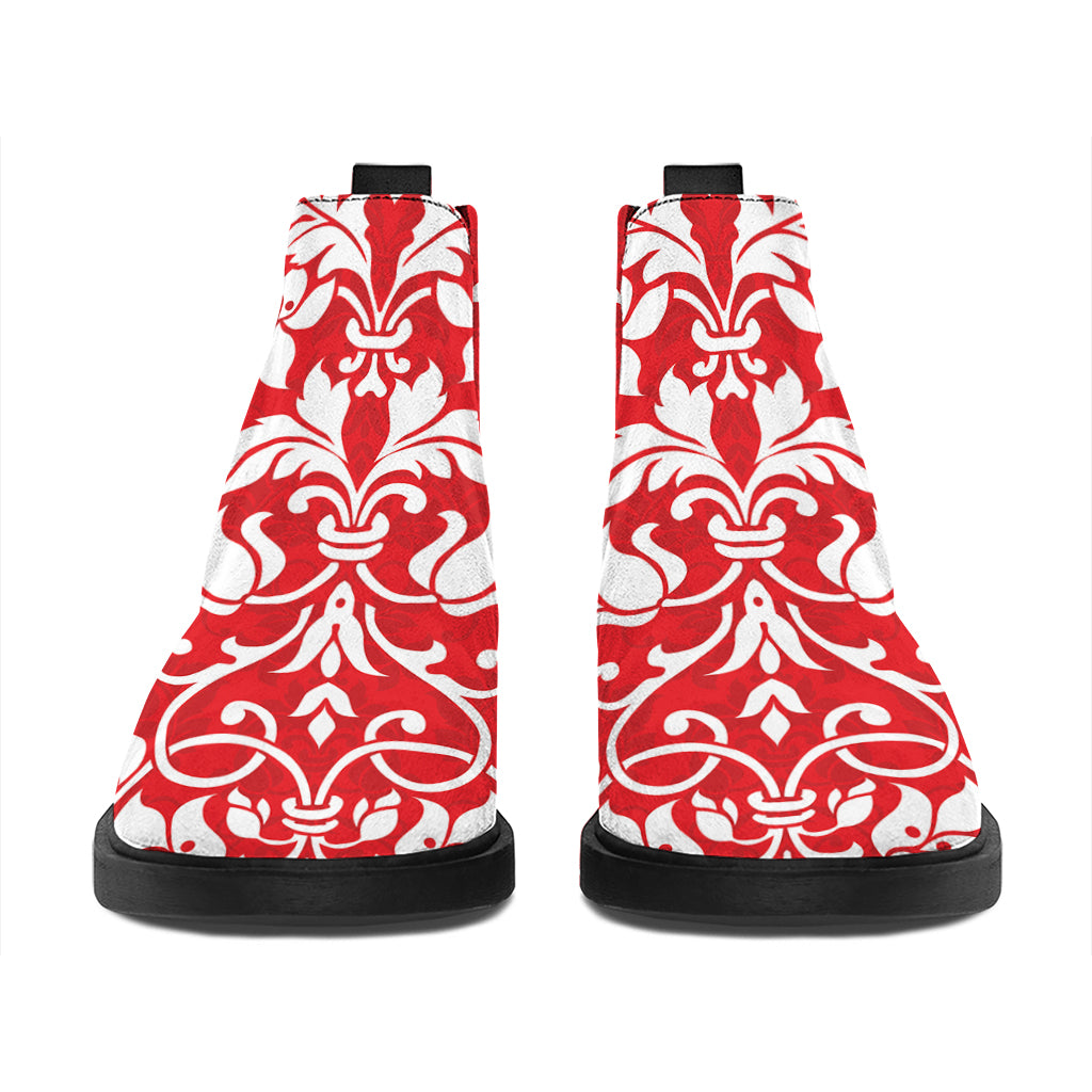 Red And White Damask Pattern Print Flat Ankle Boots