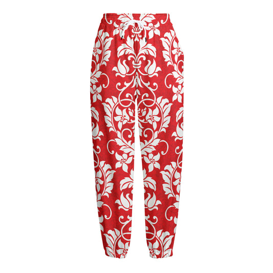 Red And White Damask Pattern Print Fleece Lined Knit Pants