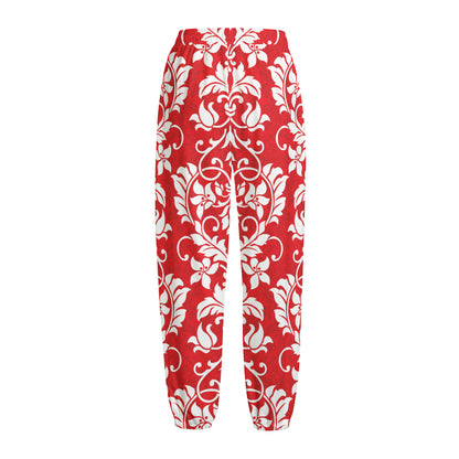 Red And White Damask Pattern Print Fleece Lined Knit Pants
