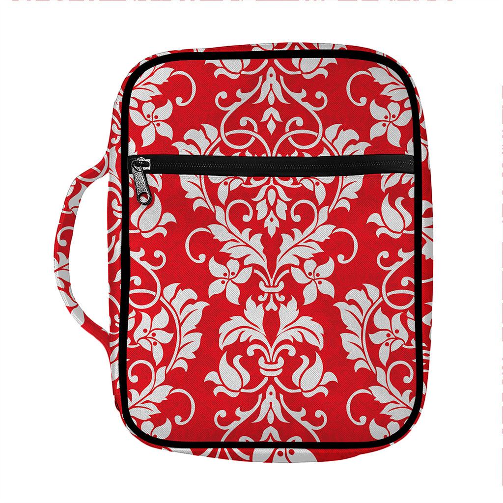 Red And White Damask Pattern Print Front Pocket Bible Bag