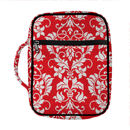 Red And White Damask Pattern Print Front Pocket Bible Bag