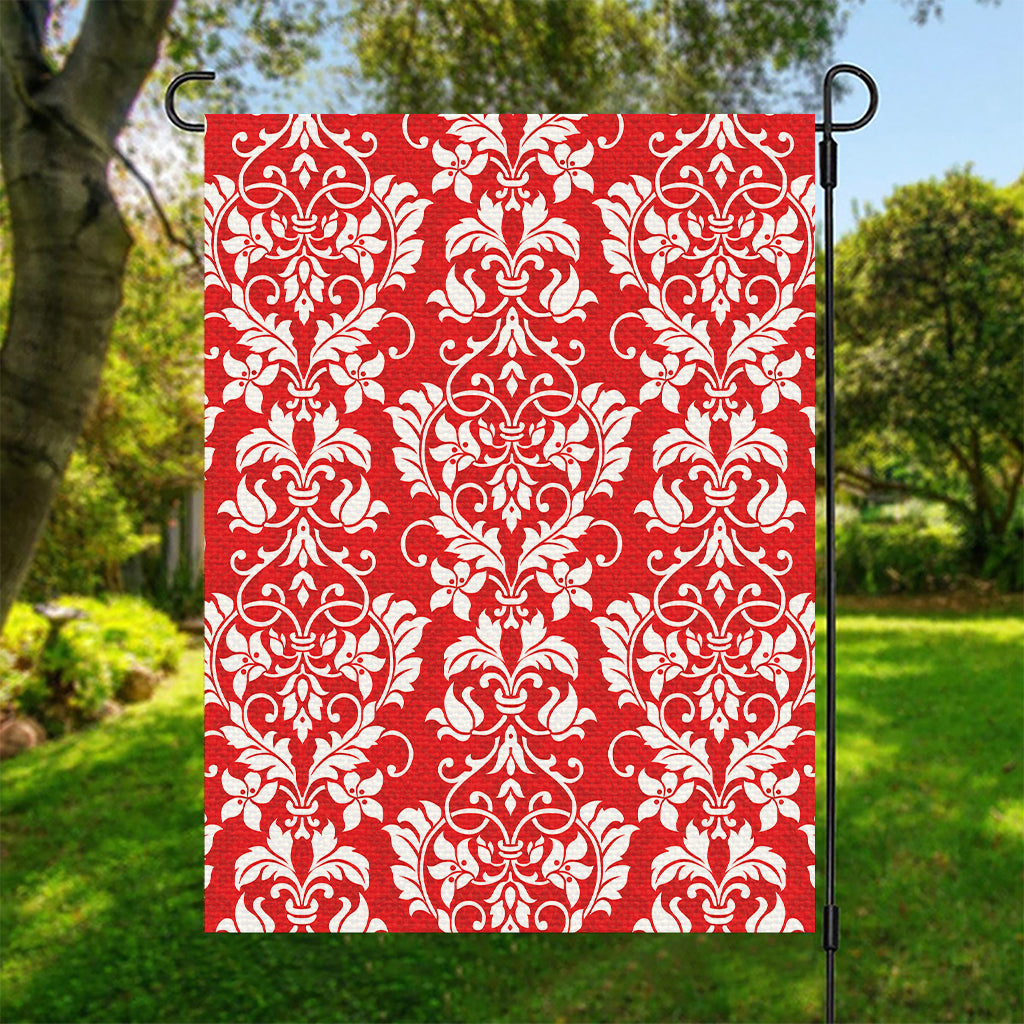 Red And White Damask Pattern Print Garden Flag