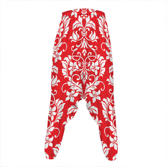 Red And White Damask Pattern Print Hammer Pants