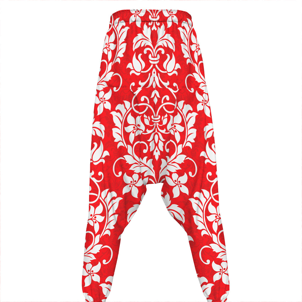Red And White Damask Pattern Print Hammer Pants