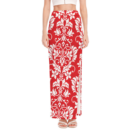 Red And White Damask Pattern Print High Slit Maxi Skirt
