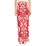 Red And White Damask Pattern Print High Slit Maxi Skirt