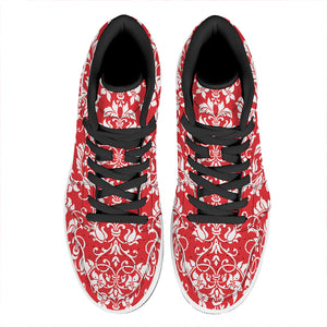 Red And White Damask Pattern Print High Top Leather Sneakers