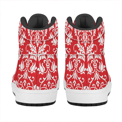 Red And White Damask Pattern Print High Top Leather Sneakers