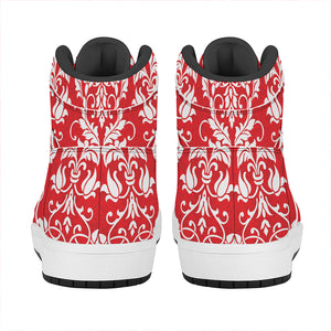 Red And White Damask Pattern Print High Top Leather Sneakers