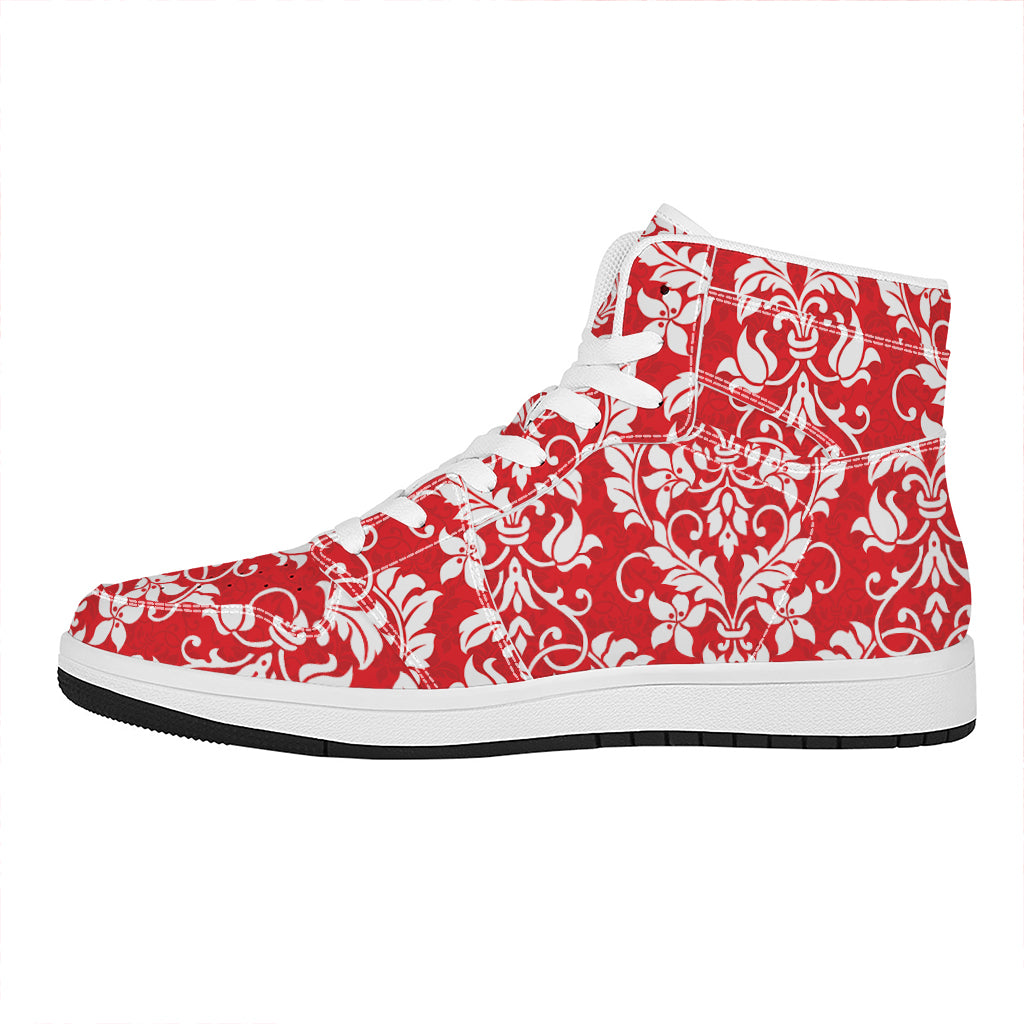 Red And White Damask Pattern Print High Top Leather Sneakers