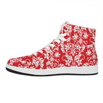 Red And White Damask Pattern Print High Top Leather Sneakers