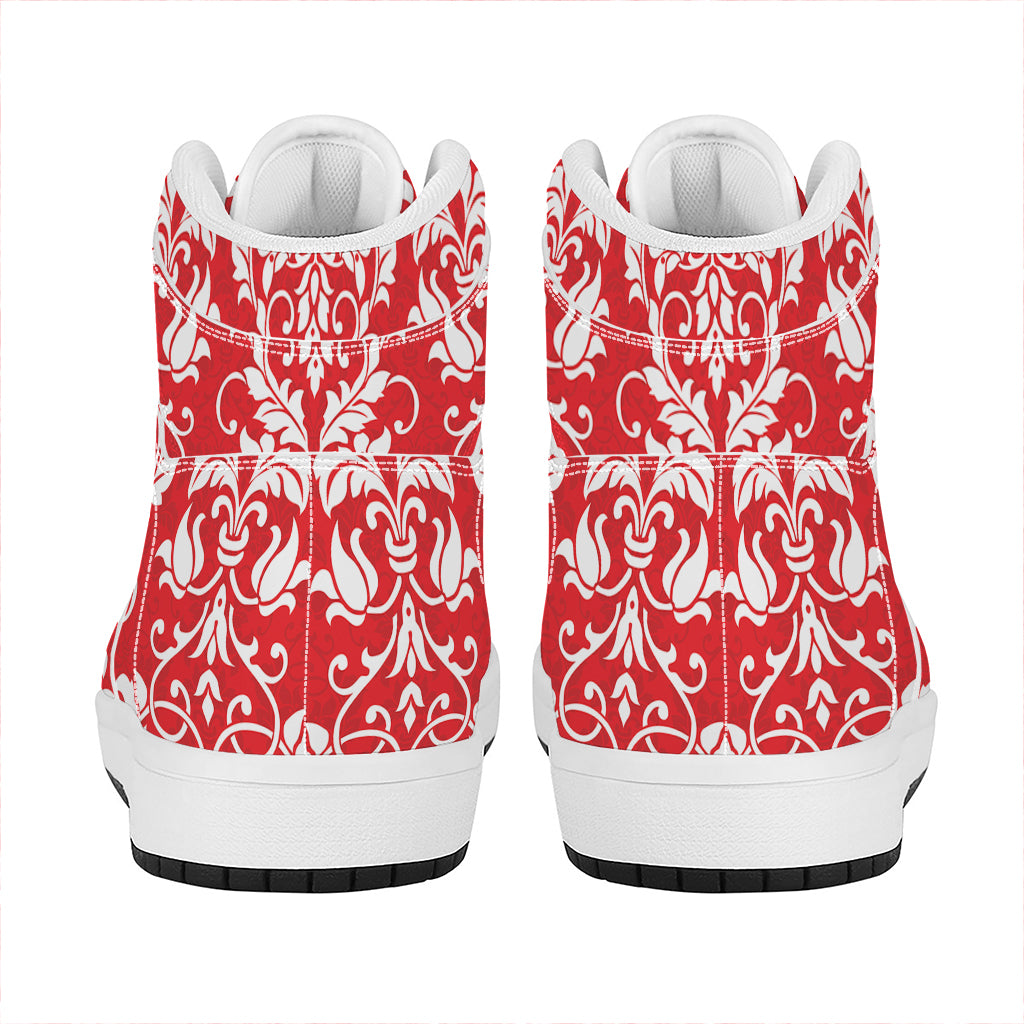 Red And White Damask Pattern Print High Top Leather Sneakers