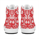 Red And White Damask Pattern Print High Top Leather Sneakers