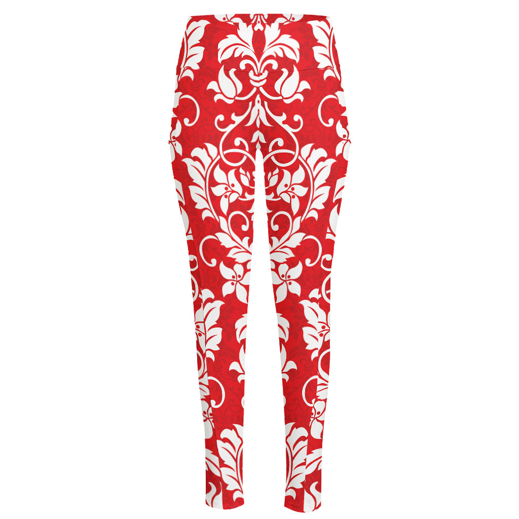 Red And White Damask Pattern Print High-Waisted Pocket Leggings