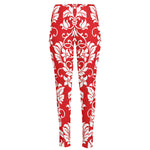 Red And White Damask Pattern Print High-Waisted Pocket Leggings