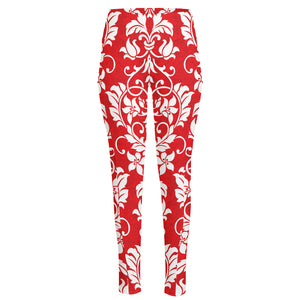 Red And White Damask Pattern Print High-Waisted Pocket Leggings