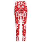 Red And White Damask Pattern Print High-Waisted Pocket Leggings