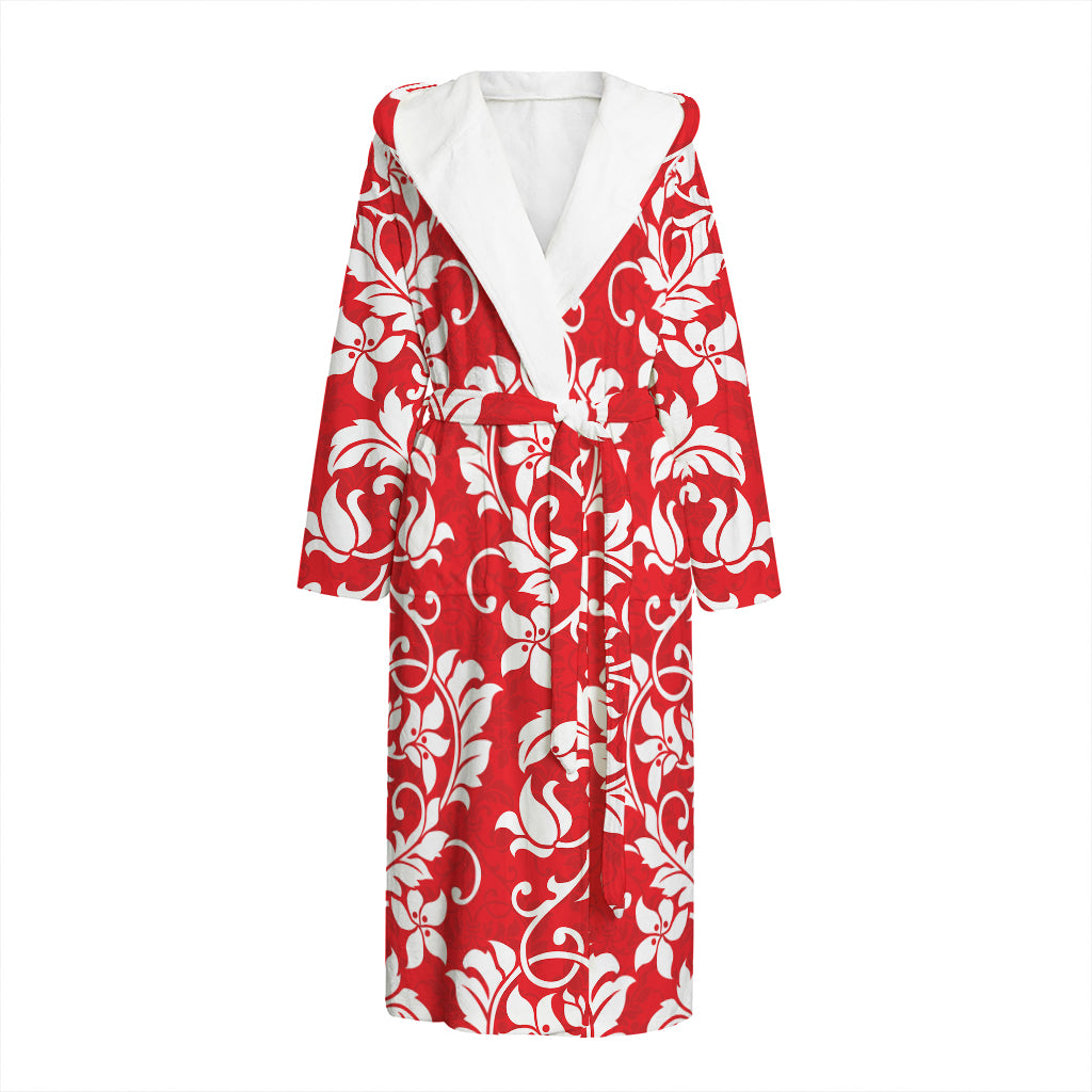 Red And White Damask Pattern Print Hooded Bathrobe