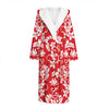 Red And White Damask Pattern Print Hooded Bathrobe