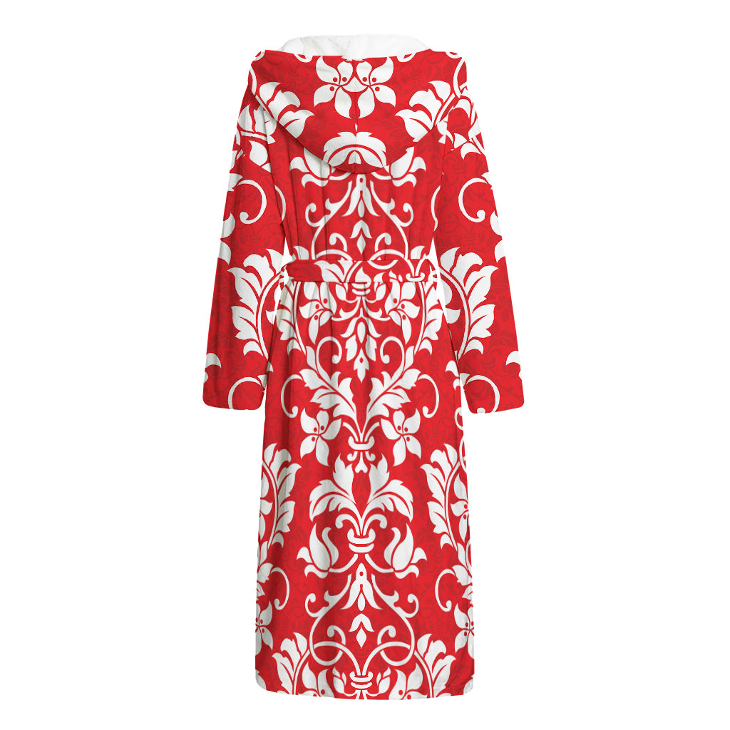 Red And White Damask Pattern Print Hooded Bathrobe