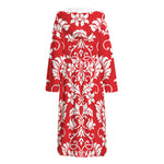 Red And White Damask Pattern Print Hooded Bathrobe