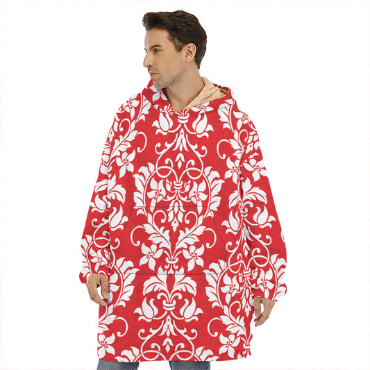 Red And White Damask Pattern Print Hoodie Blanket