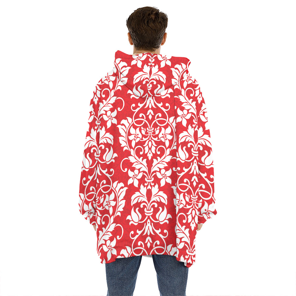 Red And White Damask Pattern Print Hoodie Blanket