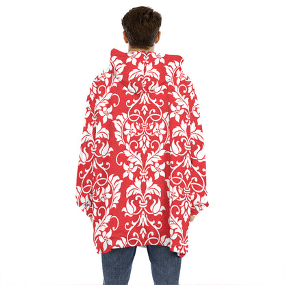 Red And White Damask Pattern Print Hoodie Blanket