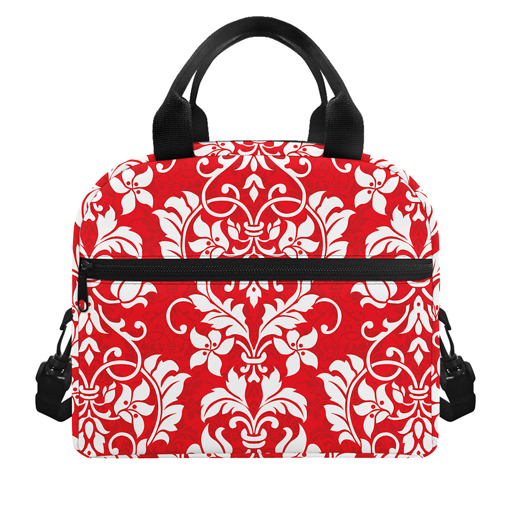 Red And White Damask Pattern Print Insulated Lunch Bag