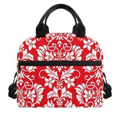 Red And White Damask Pattern Print Insulated Lunch Bag