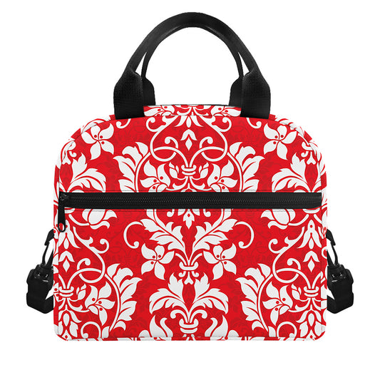 Red And White Damask Pattern Print Insulated Lunch Bag