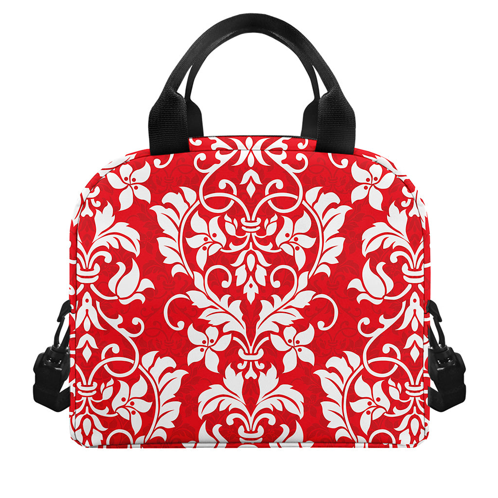 Red And White Damask Pattern Print Insulated Lunch Bag
