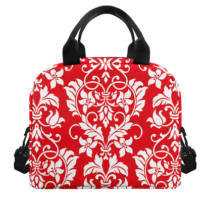 Red And White Damask Pattern Print Insulated Lunch Bag