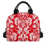 Red And White Damask Pattern Print Insulated Lunch Bag