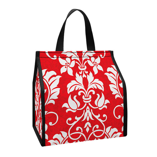 Red And White Damask Pattern Print Insulated Lunch Tote