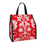 Red And White Damask Pattern Print Insulated Lunch Tote
