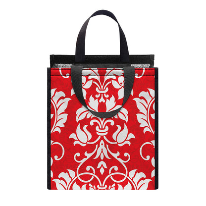 Red And White Damask Pattern Print Insulated Lunch Tote