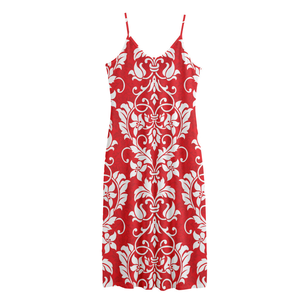 Red And White Damask Pattern Print Jersey Midi Cami Dress
