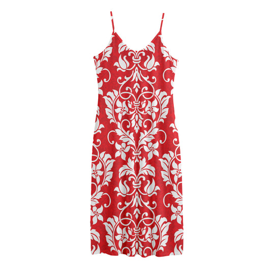 Red And White Damask Pattern Print Jersey Midi Cami Dress
