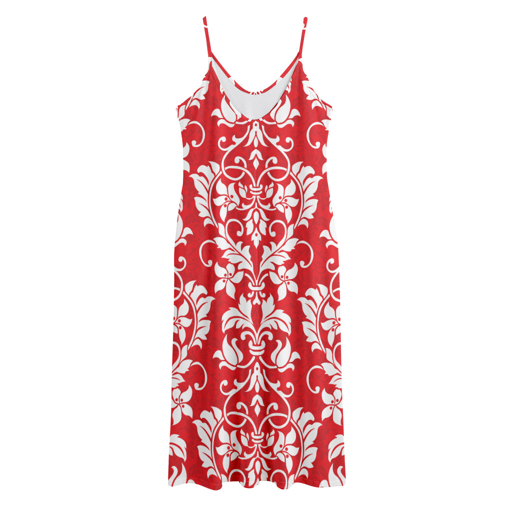 Red And White Damask Pattern Print Jersey Midi Cami Dress