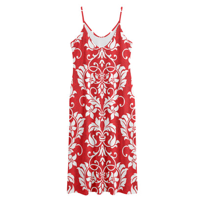 Red And White Damask Pattern Print Jersey Midi Cami Dress