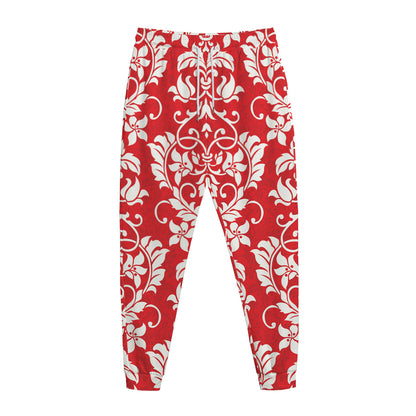Red And White Damask Pattern Print Jogger Pants