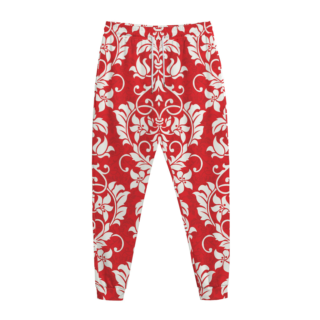 Red And White Damask Pattern Print Jogger Pants